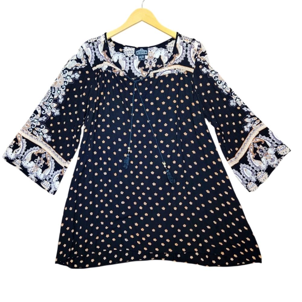 Angie Dress Boho Gauze Bell Sleeve Mini Hippie Black Cottage Babydoll Flowy L
